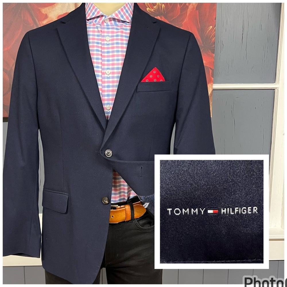 Tommy Hilfiger Blazer Sport Jacket Mens 44R Polyester Blend Stretch Flannel Navy